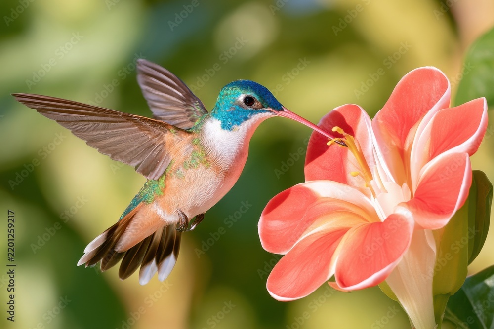 Obraz premium Hummingbird hovering mid air sipping nectar from vivid pink flower