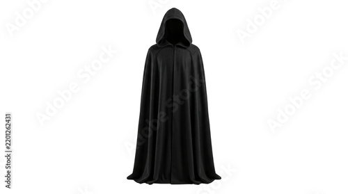 Black hooded cloak worn by a mysterious figure on transparent background