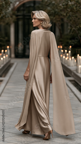 Woman in flowing champagne cape gown walking candlelit pathway. Wedding guest.