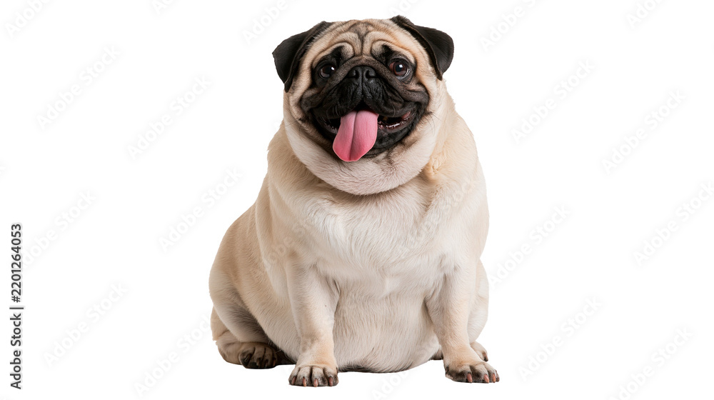 Fototapeta premium Happy fawn pug dog sitting with tongue out and wrinkled face