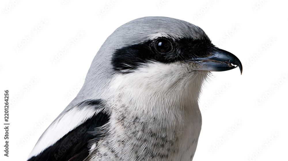 Fototapeta premium Loggerhead shrike bird profile portrait with grey feathers and black eye mask