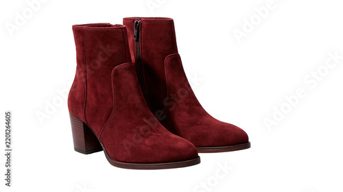 Burgundy suede ankle boots with block heels and side zippers