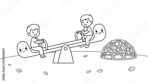 Two happy little boys playing on a seesaw in a park coloring page for kids to enjoy