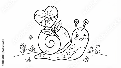 Cute cartoon snail with a heart shaped flower for children coloring page illustration