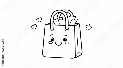Cute cartoon shopping bag character with a happy face for kids coloring book page