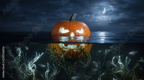 Spooky Glowing Jack-o'-Lantern Floating in Dark Water at Night with Crescent Moon