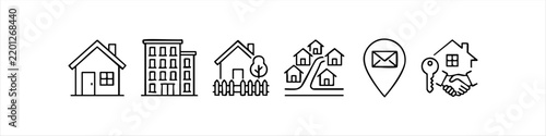 Set of minimalist line art icons for real estate, housing, and property management