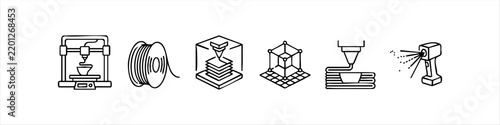 Set of 3D printing and additive manufacturing line art icons
