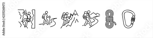 Set of mountaineering and hiking line art icons including rock climbing, backpacking, and climbing gear, minimalist vector style