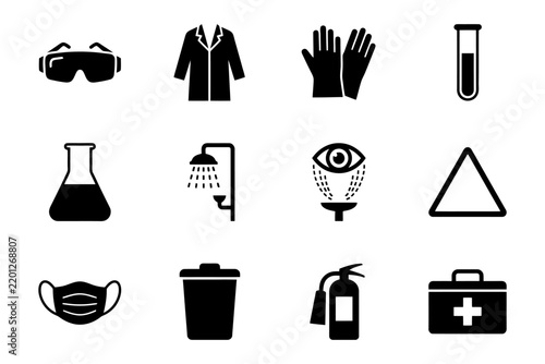 Safety equipment and symbols: goggles, lab coat, gloves, test tube, eye wash, warning sign.