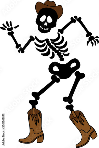 Simple flat vector illustration of a man and woman skeleton dancing at a Halloween party, spooky skull couple celebration, minimal graphic design element.