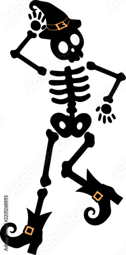 Simple flat vector illustration of a man and woman skeleton dancing at a Halloween party, spooky skull couple celebration, minimal graphic design element.