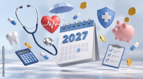 Healthcare and financial planning 2027 concept with medical and savings symbols