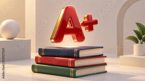 Glowing red letter grade floating above a stack of colorful books