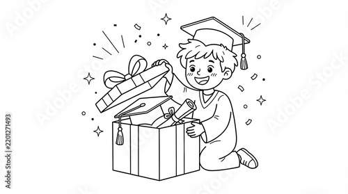 Happy boy graduate opening a gift box with a diploma and cap inside
