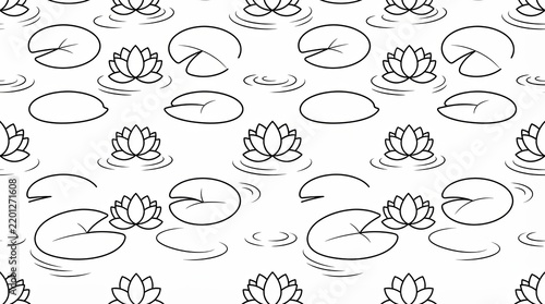 Seamless pattern with hand drawn lotus flowers and lily pads on water