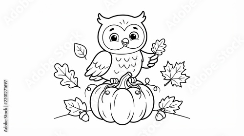 Cute cartoon owl sitting on a pumpkin with autumn leaves for coloring