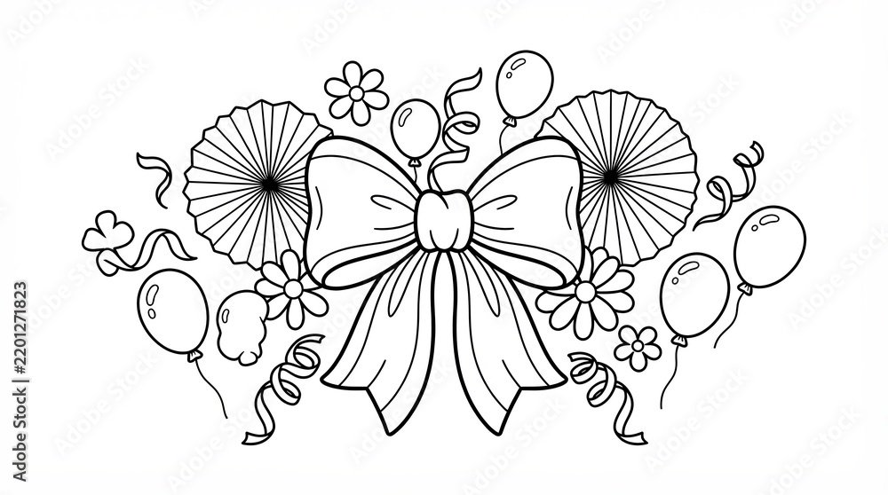 Obraz premium Party decoration with large bow balloons and flowers line drawing