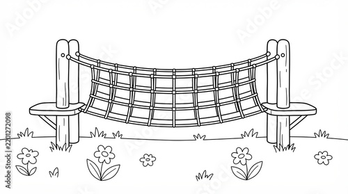 Black and white line art drawing of a rope bridge in a playground