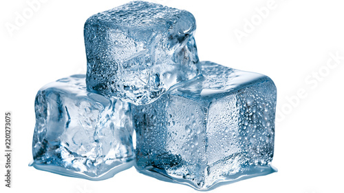 Three clear melting ice cubes with water droplets and crystalline texture