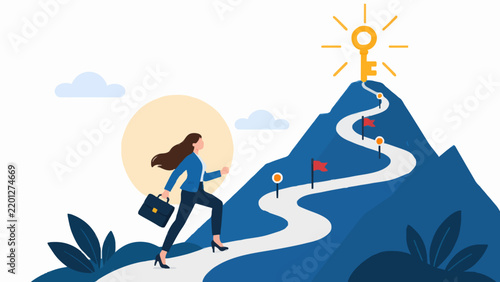 Determined businesswoman walking up winding mountain path toward glowing golden key summit.