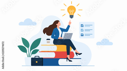 Innovative professional woman sitting on books with laptop generates new creative ideas.