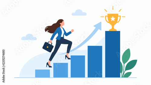 Businesswoman climbing blue bar chart stairs towards gold trophy cup success milestone.