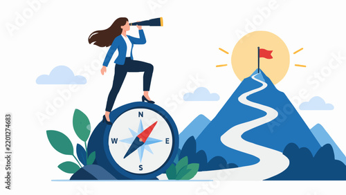 Businesswoman standing on large compass seeking goals on mountain top with red flag view.