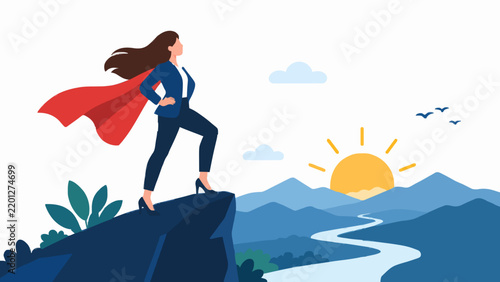 Superwoman with red cape standing on mountain cliff looking at sunrise landscape view.