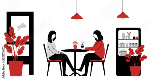 Two women are sitting at a table in a cafe, enjoying a drink and conversation. They are surrounded by plants and decor, creating a cozy and inviting atmosphere