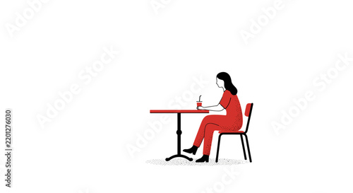 A woman sits alone at a red table with a bottle of drink, contemplating her thoughts.