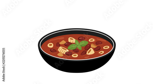 A delicious bowl of hearty minestrone soup, garnished with fresh basil leaves. This vibrant dish is packed with pasta, beans, and vegetables, offering a warm and comforting meal