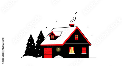 Cozy winter house with snow on the roof and trees in the background, warmly lit windows and smoke coming from the chimney