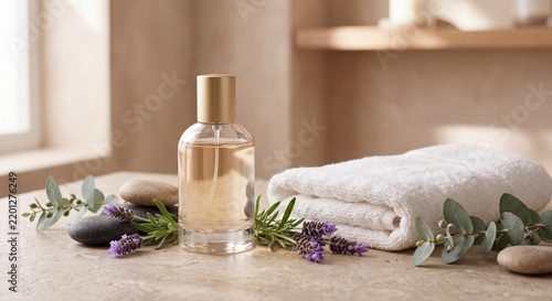 Elegant unbranded perfume bottle arranged with smooth natural stones