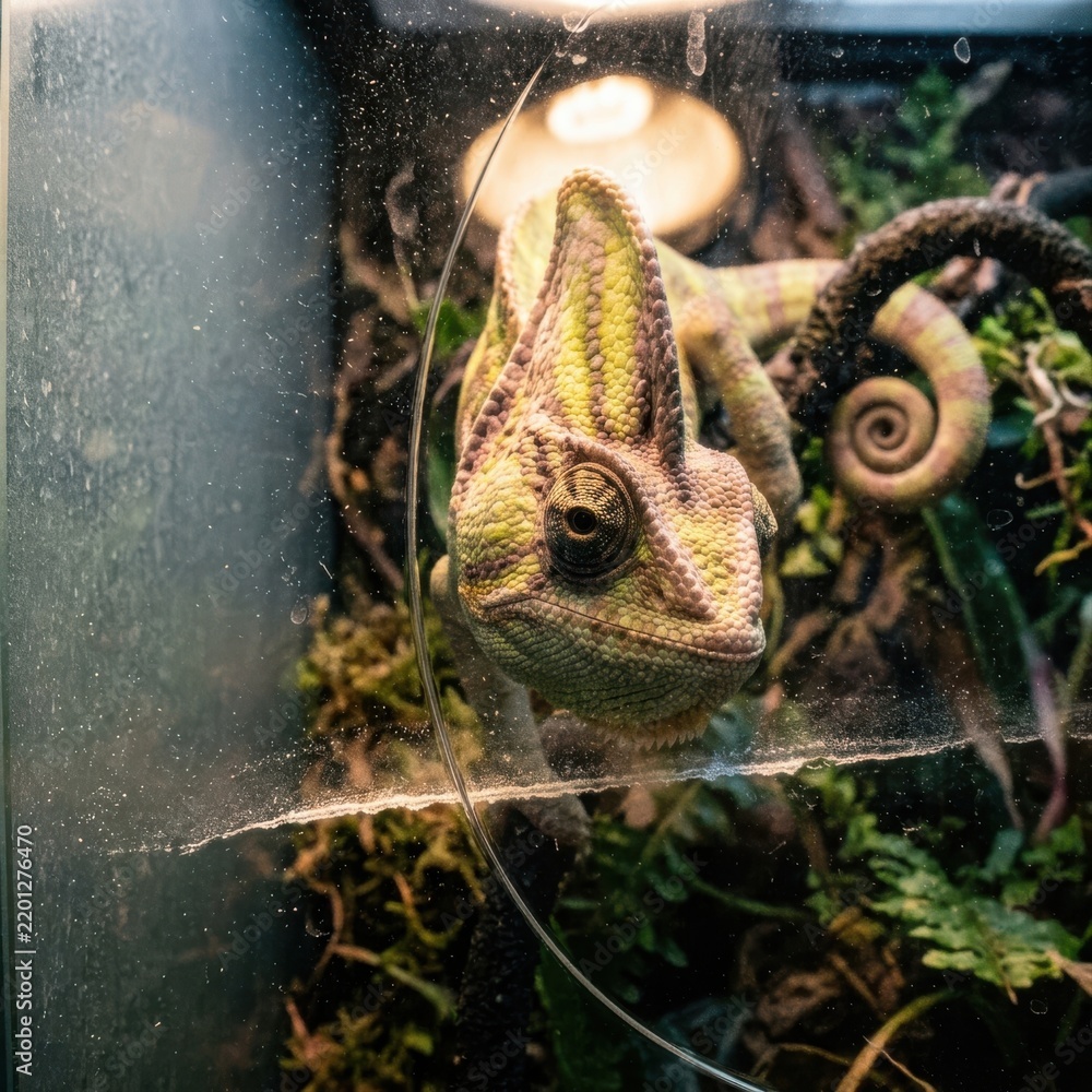 Fototapeta premium Veiled chameleon in terrarium with lush tropical habitat