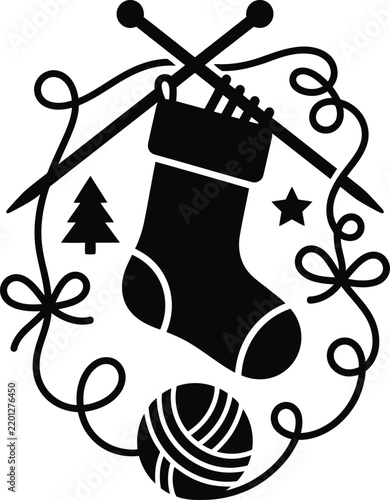 Knitting-themed christmas stocking icon with yarn