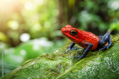 A tiny red poison dart frog with blue-black legs sits on a wet mossy leaf surrounded by soft rainforest greenery. Amphibian toxicity and tropical biodiversity