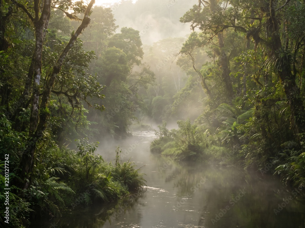 Fototapeta premium Fog Floating Above a Forest River - A narrow rainforest river with suspended morning fog creating strong atmospheric depth.