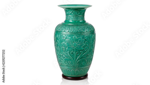 Elegant vintage turquoise green carved vase isolated on transparent background