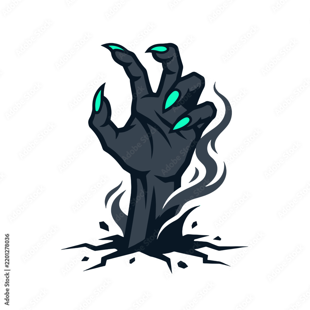 Fototapeta premium Creepy phantom hand emerging from cracked ground with smoke for Halloween