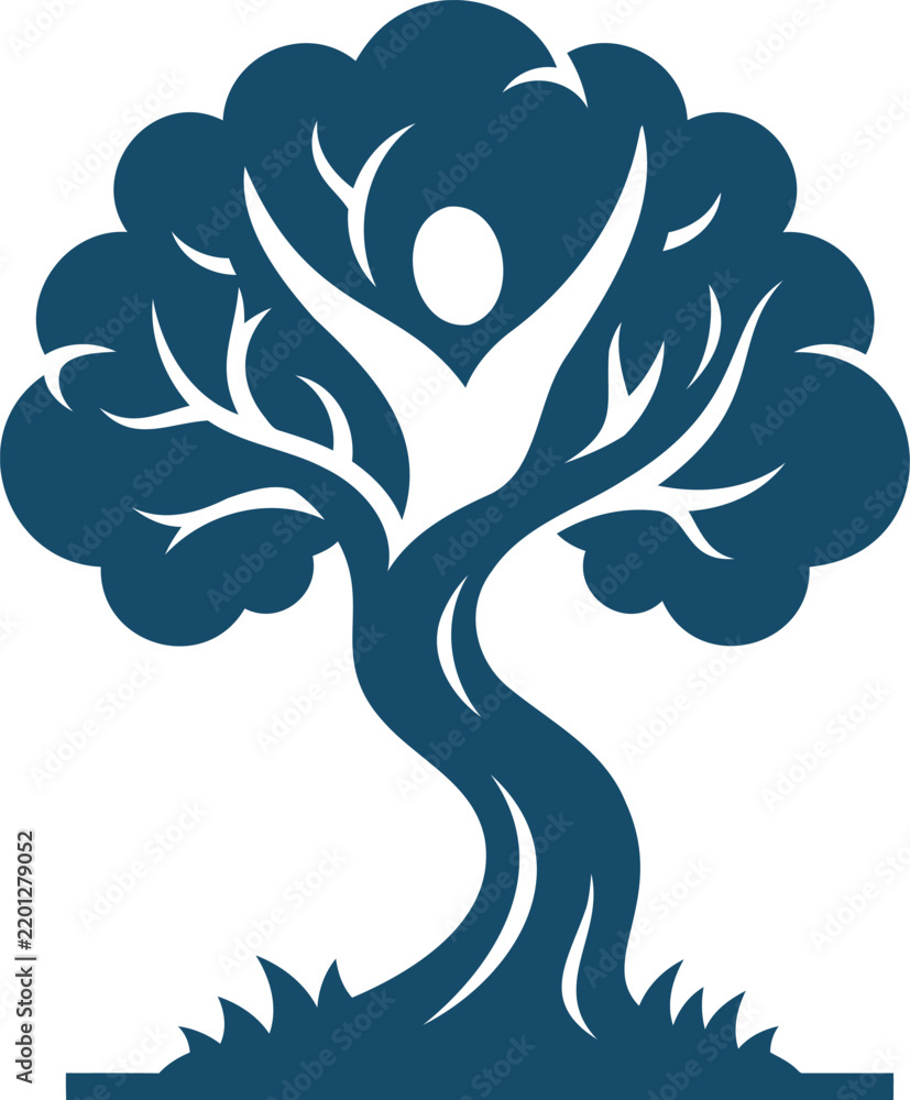 Fototapeta premium Abstract tree icon with a human figure integrated into the trunk abstract logo wellness