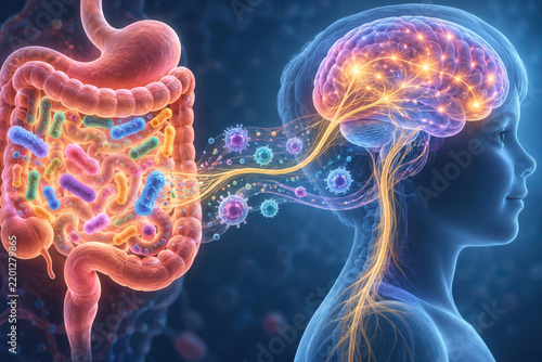 Microbiome and brain health concept showing gut probiotic bacteria as biological remote control for the mind with neural highways and migrating immune cells shaping early brain development and mood