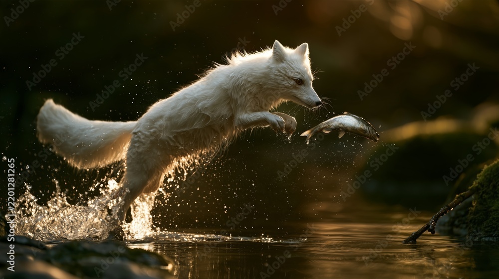 Fototapeta premium White fox jumping to catch fish in river during sunset