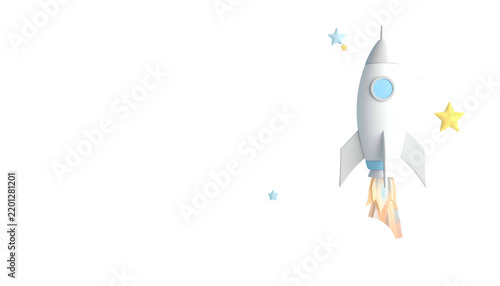 Rocket ship blasts off amidst sparkling stars on a black backdrop