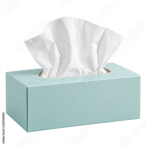 A light blue rectangular tissue box with a white tissue pulled out.