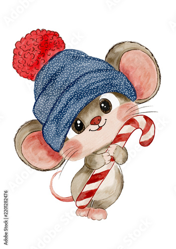 Cute watercolor mouse in a winter hat holding a candy cane isolated on black background