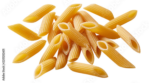 Dry uncooked penne rigate pasta tubes heap