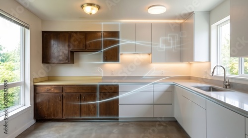a kitchen renovation showing transformation from old wooden cabinets to modern white modular kitchen.
