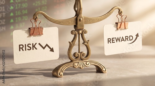Risk and reward balance concept with scales and financial tags on market background