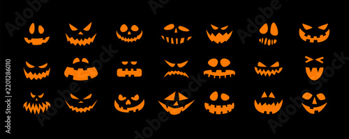 Set of glowing orange scary and evil faces for Halloween. Jack-o-lantern emotional expressions with fire or light effect isolated on black background. Vector illustration